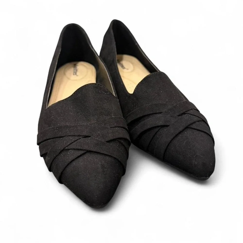 Veittes Womens Black Faux Suede Pointed Toe Cross Pleated Ballet Flats Size 7